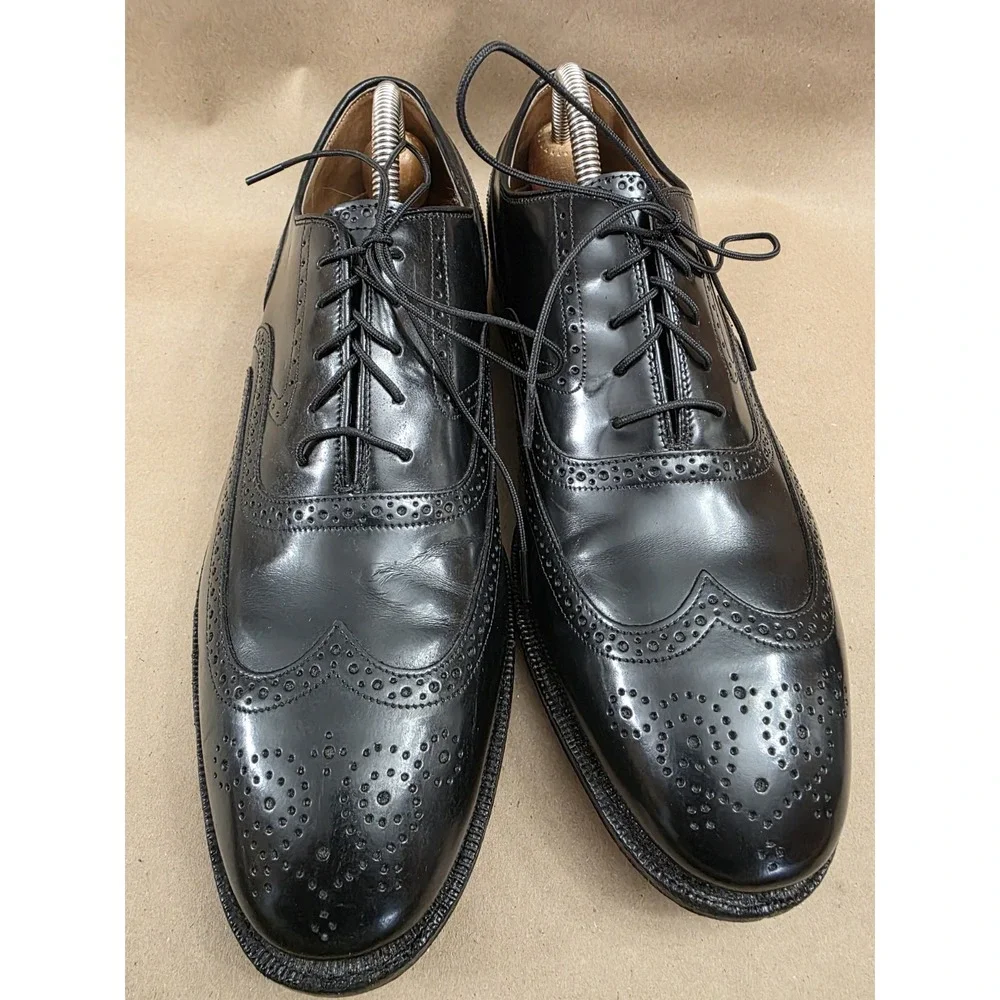 Johnston & Murphy (Sz 9 E/C) Leather Wingtip Oxford Black Dress Shoes Mens WIDE